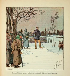 The Armee of the Loire af Eugene Sergent, kendt som Grenest, illustreret af Louis Bombled (1862-1927) (den fransk-tyske krig; kampagne 1870 -1871): General Chanzy rejser foran stillinger den 11. januar før slaget, menig Kollektion