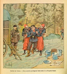 The Eastern Armee of Eugene Sergeant, dit Grenest, illustreret af Louis Bombled (1862-1927) (fransk-tyske krig; kampagne 1870 -1871): Slaget ved Cussey, oktober 1870, to zouaver yder pleje til en såret preusser, indsamling delvis