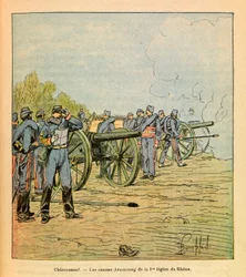 The Eastern Armee of Eugene Sergeant, dit Grenest, illustreret af Louis Bombled (1862-1927) (fransk-tyske krig; kampagne 1870 -1871): Foran Chateauneuf, Armstrong-kanonerne fra den første legion af Rhone i december 1870 , Privat Samling