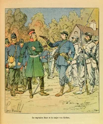 The Eastern Armee of Eugene Sergeant, dit Grenest, illustreret af Louis Bombled (1862-1927) (fransk-tyske krig; kampagne 1870-1871): I Franche Comte fangede kaptajnen på Huot Freiciners major Von Kelken under Razes hånd på 30. Oktober 1870, Pr