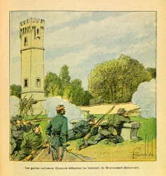 Eugène Sergeants, kaldet Grenest, østlige hær, illustreret af Louis Bombled (1862-1927) (den fransk-tyske krig; felttoget 1870-1871): forsvaret af Dijon i oktober 1870, Dijons nationalgardister forsvarer Montmusard-højderne, privatsamling