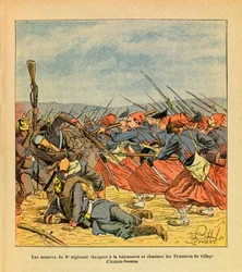 The Eastern Armee of Eugene Sergeant, dit Grenest, illustreret af Louis Bombled (1862-1927) (fransk-tyske krig; kampagne 1870-1871): Zouaverne fra 3. regiment angriber en baionette og driver preusserne ud af landsbyen Auxon-Dessus under t