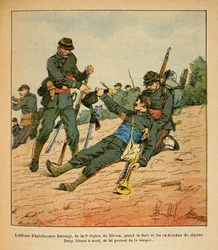 The Eastern Armee of Eugene Sergeant, kendt som Grenest, illustreret af Louis Bombled (1862-1927) (fransk-tyske krig; kampagne 1870 -1871): Slaget ved Nuits Saint Georges, tøjofficeren Deloupy fra 2. legion af Rhone tager riflen og den