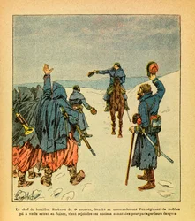 Østhæren af Eugène Sergeant, kendt som Grenest, illustreret af Louis Bombled (1862-1927) (den fransk-preussiske krig; felttoget 1870-1871): Lederen af Barberet-bataljonerne i 4. zouavregiment udkommanderes til at føre et regiment af mobilgarden, som