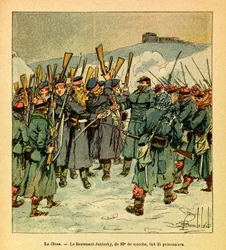 The Eastern Armee of Eugene Sergeant, kendt som Grenest, illustreret af Louis Bombled (1862-1927) (fransk-tyske krig; kampagne 1870 -1871): februar 1871 under de sidste kampe ved La Cluse-løjtnant Jasinsky den 29. gjort 35 fanger, Priv