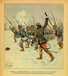The Eastern Armee of Eugene Sergeant, kendt som Grenest, illustreret af Louis Bombled (1862-1927) (fransk-tyske krig; kampagne 1870 -1871): Januar 1871, Hericourt, råber general Cremer "Bravo, La Gironde", når han ser oberstløjtnants motiver