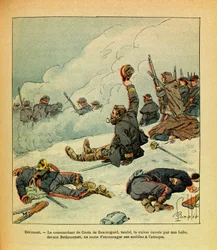The Eastern Armee of Eugene Sergeant, kendt som Grenest, illustreret af Louis Bombled (1862-1927) (den fransk-tyske krig; kampagne 1870 -1871): Januar 1871, Hericourt, kommandøren for Costa de Beauregard-falder låret knækker med en kugle foran Bet