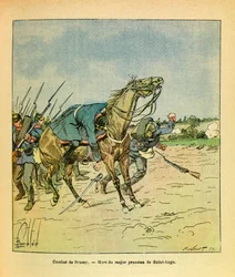 The Eastern Armee of Eugene Sergeant, kendt som Grenest, illustreret af Louis Bombled (1862-1927) (fransk-tyske krig; kampagne 1870-1871): November 1870, under kampene ved Brazey, bliver major preussisk Saint Ange skudt ned, Privat samling