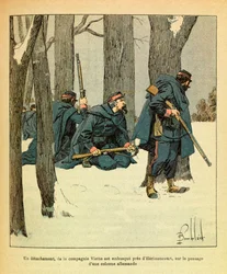 The Eastern Armee of Eugene Sergeant, kendt som Grenest, illustreret af Louis Bombled (1862-1927) (fransk-tyske krig; kampagne 1870 -1871): Januar 1871 blev en afdeling af Viette Company lagt i baghold nær Herimoncourt på passagen af en tysk kolonne