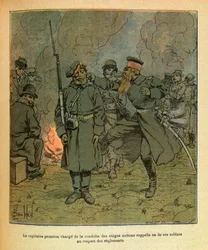 The Eastern Armee of Eugene Sergeant, kendt som Grenest, illustreret af Louis Bombled (1862-1927) (den fransk-tyske krig; kampagnen 1870-1871): En preussisk kaptajn med ansvar for adfærden af gidslerne i Nuits Saint Georges minder om en af hans soldater i 