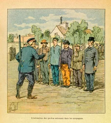 Østhæren af Eugène Sergeant, kendt som Grenest, illustreret af Louis Bombled (1862-1927) (den fransk-preussiske krig; felttoget 1870-1871): Træningen af nationalgardister på landet til forsvar af territoriet, privateje.