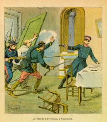 The Eastern Armee of Eugene Sergeant, kendt som Grenest, illustreret af Louis Bombled (1862-1927) (fransk-tyske krig; kampagne 1870 -1871): En preussisk officer taget til fange af franske motiver i Vaucouleurs, privat samling