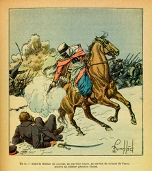 Østhæren af Eugène Sergeant, kendt som Grenest, illustreret af Louis Bombled (1862-1927) (Den Fransk-tyske Krig; felttoget 1870-1871): januar 1871, en sort rytter i oberst De Vezets tjeneste gør det af med en såret preussisk officer, Samling Pa