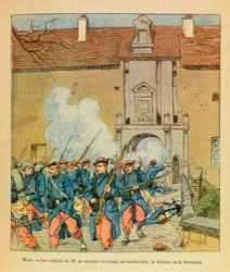 The Eastern Armee of Eugene Sergeant, kendt som Grenest, illustreret af Louis Bombled (1862-1927) (fransk-tyske krig; kampagne 1870 -1871): Slaget ved Natten Saint Georges; soldaterne fra de 32, eme de marche evakuerer, mens de kæmper mod slottet La Berc