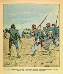 The Eastern Armee of Eugene Sergeant, kendt som Grenest, illustreret af Louis Bombled (1862-1927) (den fransk-tyske krig; kampagnen 1870 -1871): Slaget ved Lantenay i november 1870, Aveyron-mobiltelefonerne uden havresakker går til fjenden bærer deres ri