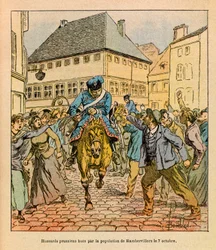 The Eastern Armee of Eugene Sergeant, kendt som Grenest, illustreret af Louis Bombled (1862-1927) (den fransk-tyske krig; kampagne 1870-1871): Preussisk avantgarde-farve af befolkningen i Rambervillers den 7. oktober