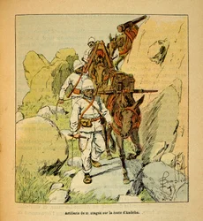The War in Madagascar-Anecdotal History of the French Expeditions of 1885-1895 af Henri Galli dit Galllichet (1854-1922), illustreret af Louis Bombled (1862-1927): Mountain Artillery on the Andriba Road to Madagascar in 1895, Private Collection