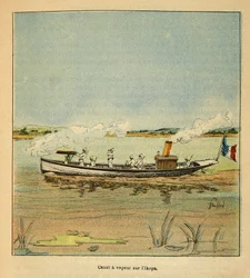The War in Madagascar-Anekdotisk historie om de franske ekspeditioner i 1885-1895 af Henri Galli dit Galllichet (1854-1922), illustreret af Louis Bombled (1862-1927): Fransk Canonniere på Ikopa-floden i Madagaskar i 1895, privat samling