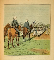 The War in Madagascar-Anekdotisk historie om de franske ekspeditioner 1885-1895 af Henri Galli dit Galllichet (1854-1922), illustreret af Louis Bombled (1862-1927): Revue des troupes 14. juli