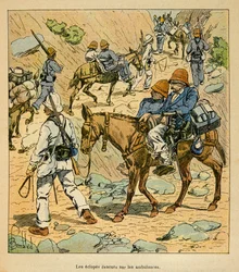 The War in Madagascar-Anecdotal History of the French Expeditions of 1885-1895 af Henri Galli dit Galllichet (1854-1922), illustreret af Louis Bombled (1862-1927): The Eclopes of the Arm Escapes on Fortune Ambulances in Madagascar, Private Collection