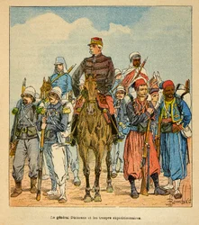 The War in Madagascar-Anecdotal History of the French Expeditions of 1885-1895 af Henri Galli dit Galllichet (1854-1922), illustreret af Louis Bombled (1862-1927): General Duchesne med Madagaskars ekspeditionstropper, privat samling