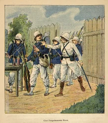 The War in Madagascar-Anecdotal History of the French Expeditions of 1885-1895 af Henri Galli dit Galllichet (1854-1922), illustreret af Louis Bombled (1862-1927): Franske tropper ved forgiftningsmanden Shaw i 1884 (engelsk metodistpræst, der havde efterla
