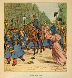 Krigen i Madagaskar - en anekdotisk historie om de franske ekspeditioner i 1885-1895 af Henri Galli dit Galllichet (1854-1922), illustreret af Louis Bombled (1862-1927): Den 200. linje forlader Lyon til Madagaskar i 1895, Private Collection