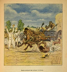 The War in Madagascar-Anekdotisk historie om de franske ekspeditioner 1885-1895 af Henri Galli dit Galllichet (1854-1922), illustreret af Louis Bombled (1862-1927): Boeufs nået med biler Lefebvre, privat samling