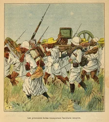 The War in Madagascar-Anekdotisk historie om de franske ekspeditioner i 1885-1895 af Henri Galli dit Galllichet (1854-1922), illustreret af Louis Bombled (1862-1927): Fanger Hovas bruges til at transportere artilleristykker, privat samling