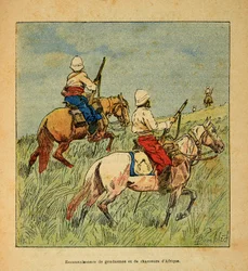 The War in Madagascar-Anecdotal History of the French Expeditions of 1885-1895 af Henri Galli dit Galllichet (1854-1922), illustreret af Louis Bombled (1862-1927): Anerkendelse af gendarmer og jægere fra Afrika i Madagaskar i 1895, privat samling