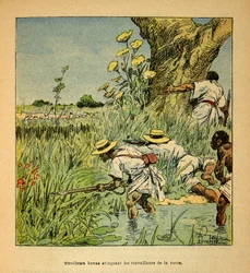 The War in Madagascar-Anekdotisk historie om de franske ekspeditioner i 1885-1895 af Henri Galli dit Galllichet (1854-1922), illustreret af Louis Bombled (1862-1927): Hovas Tirailleurs angriber militærbygningen en vej i 1895, privat samling