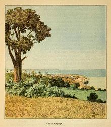 The War in Madagascar-Anekdotisk historie om de franske ekspeditioner i 1885-1895 af Henri Galli dit Galllichet (1854-1922), illustreret af Louis Bombled (1862-1927): Udsigt over byen Majunga ved det 19. århundredes Siecle, privat samling
