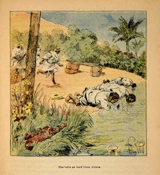 The War in Madagascar-Anekdotisk historie om de franske ekspeditioner i 1885-1895 af Henri Galli dit Galllichet (1854-1922), illustreret af Louis Bombled (1862-1927): Et stop ved floden i 1895, privat samling