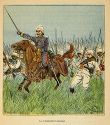 The War in Madagascar-Anecdotal History of the French Expeditions of 1885-1895 af Henri Galli dit Galllichet (1854-1922), illustreret af Louis Bombled (1862-1927): Kommandøren Lentonnet (1840-1896) med de franske tropper under forsvar af Tsarasaotra