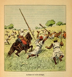 The War in Madagascar-Anecdotal History of the French Expeditions of 1885-1895 af Henri Galli dit Galllichet (1854-1922), illustreret af Louis Bombled (1862-1927): Jagten på vilde okser i Madagaskar i 1895, privat samling