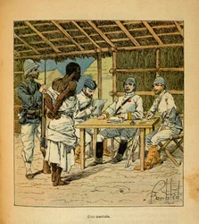 The War in Madagascar-Anekdotisk historie om de franske ekspeditioner i 1885-1895 af Henri Galli dit Galllichet (1854-1922), illustreret af Louis Bombled (1862-1927): Forhør af en Hovas-fange af den franske, privat samling