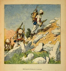 The War in Madagascar-Anecdotal History of the French Expeditions of 1885-1895 af Henri Galli dit Galllichet (1854-1922), illustreret af Louis Bombled (1862-1927): Infanteriets avantgarde i Madagaskar i 1895, privat samling