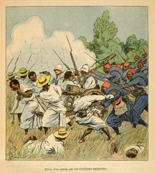 Krigen på Madagaskar - Anekdotisk historie om de franske ekspeditioner i 1885-1895 af Henri Galli dit Galllichet (1854-1922), illustreret af Louis Bombled (1862-1927): Madagaskar beslaglagde en kanon under Ambolomonty-slagene i 1895, Privat Samling