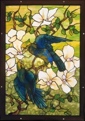 Hibiscus og papegøjer, ca. 1910-20 (blyholdigt skrøbeligt glas)