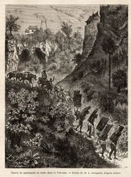 En konvoj af købmænd og deres portører på vej til Yunnan (Kina), indgraveret efter tegningen af L. Delaporte, for at illustrere udforskningsrejsen i Indokina af Francis Garnier, skibsløjtnant, i 1866-1868, udgivet i "" Le tour du monde”” 187