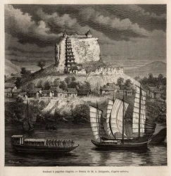 En klippe med pagodescener og forskellige både på den blå flod (Kina), gravering efter tegningen af L.Delaporte, for at illustrere udforskningsrejsen i Indokina af Francis Garnier, skibløjtnant, i 1866-1868, udgivet i " ” Le tour du monde