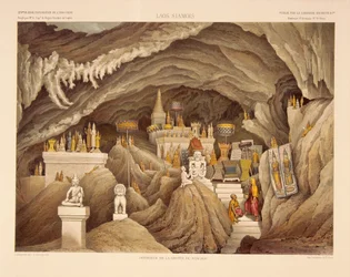 Interiør af et huletempel i Laos, tryk udført af F. Sorrieu, illustration fra 