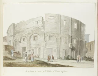 Buitenmuur van oude theater van Catanië Udvendig udsigt over det gamle lille teater eller Odeum i Catania (titel på objektet) Rejser i Italien, Sicilien og Malta - 1778 (serietitel)