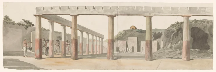 Udsigt over romerske kaserner og søjlegange i Pompeji Vue des Casernes Romaines & de la Colonnade de Pompeja (titel på objekt) Voyage en Italy, og Sicile et à Malte - 1778 (serietitel)