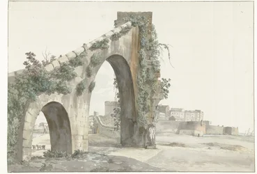 Se på akvadukten i byen Taranto Udsigt over akvadukten og byen Taranto (titel på objektet) Rejser i Italien, Sicilien og Malta - 1778 (serietitel)
