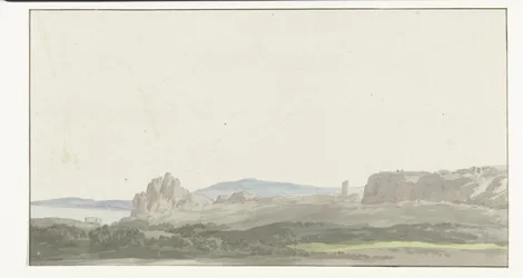 Se på en rots ved Golf van Tarente i nærheden af ​​Gallipoli Udsigt fra en klippe ved Taranto-bugten i nærheden af ​​Gallipoli (titel på objektet) Rejser i Italien, Sicilien og Malta - 1778 (serietitel)