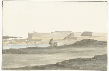 Udsigt over slottet i havnen i Barletta Vue du Château, qui domine le port de Barletta (titel på objektet) Voyage en Italy, og Sicile et à Malte - 1778 (serietitel)
