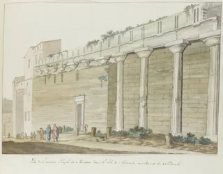 Se det gamle Minerva-tempel på øen Syracuse Udsigt over det gamle Minerva-tempel på øen Syracuse (titel på objektet) Rejser i Italien, Sicilien og Malta - 1778 (serietitel)