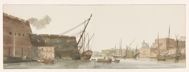 Udsigt på werf i haven af ​​galei schepen på Malta Udsigt over værftet i havnen i Galleys på Malta (titel på objektet) Rejser i Italien, Sicilien og Malta - 1778 (serietitel)