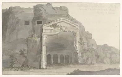 Grave med facade i dorisk stil hugget ind i klippen nær Syracuse Voyage en Italy, og Sicile et à Malte - 1778 (serietitel)